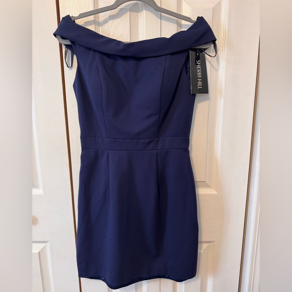 Sherri Hill Off-Shoulder Navy Blue Cocktail Wedding Dress Sz 6 back zipper NWTS